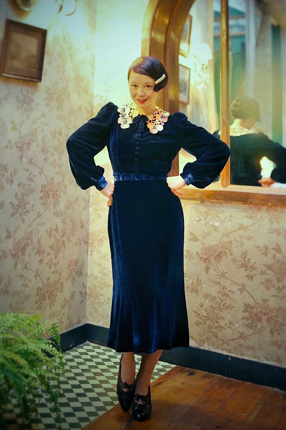 1930s|Lace Collar Blue Velvet Dress S