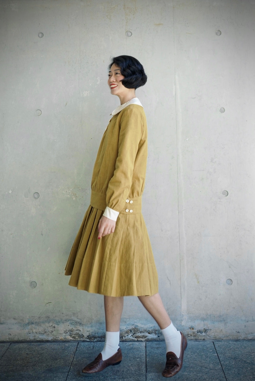 1920s ｜Doll-Collar Pleated Dress Set (Black&Yellow)