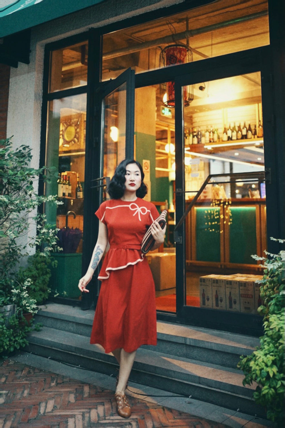 1940s｜Bows Peplum Dress（Orange / Navy）